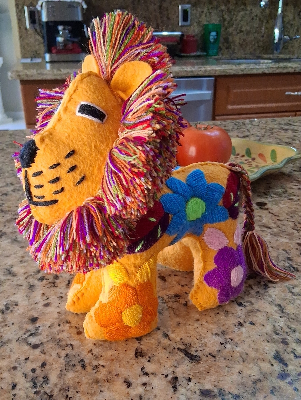 Folk Art Handmade Colorful Embroidered Wool Felt Lion Plush  Toy. Collectible.